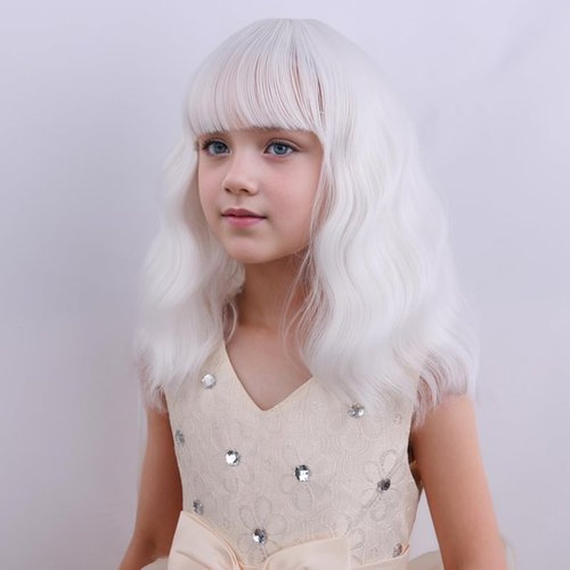 DUDUWIG White Wig for Girls Kids Short White Wig with Bangs Short White Wavy Curly Wigs Synthetic Cosplay Wig Hair Wig