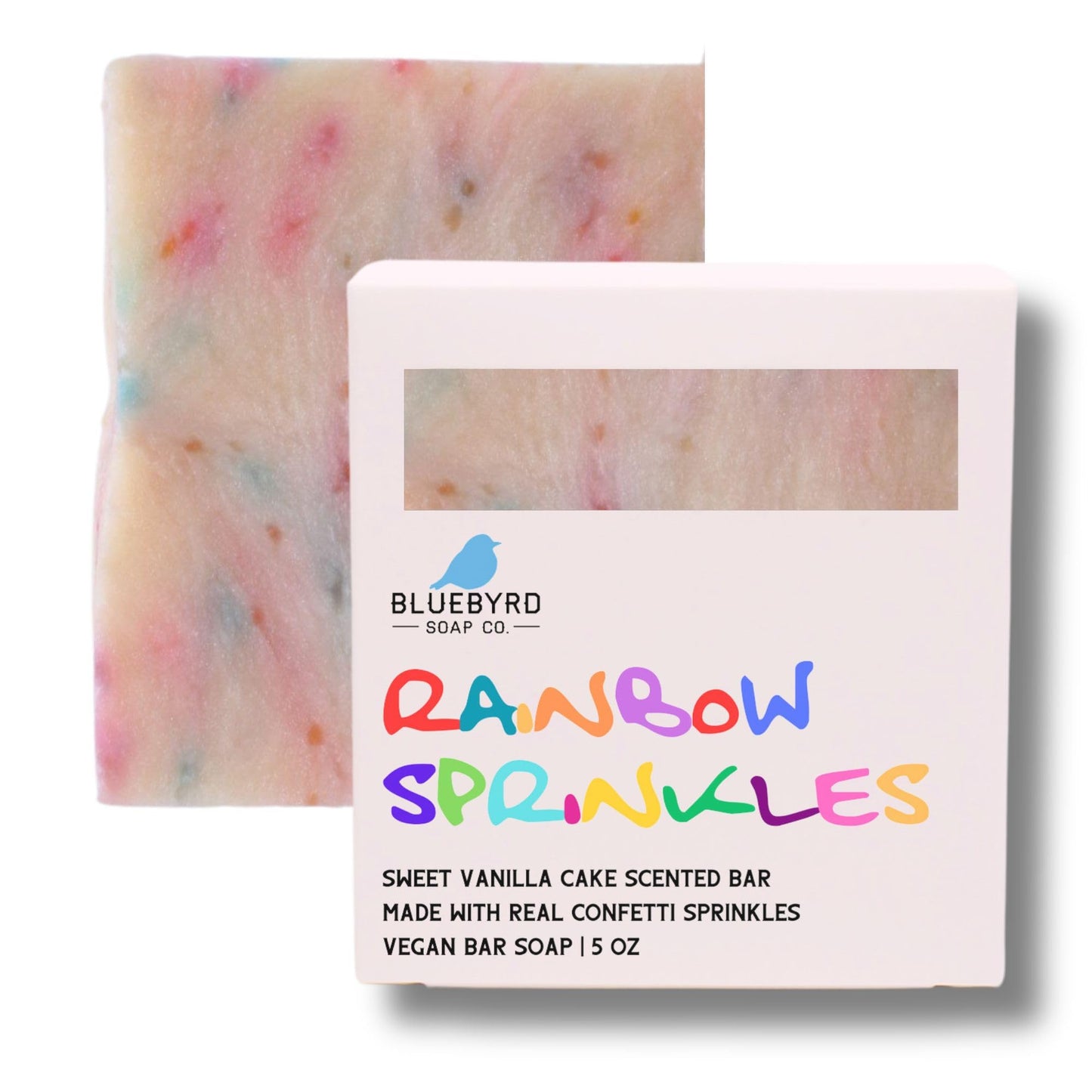 Bluebyrd Soap Co. Rainbow Sprinkles Soap Bar | Handmade Confetti Cake -Vanilla Scented Bar Soap | Smells Like Sweet Cake | Vegan Soap, Natural Kaolin Clay, USA MADE (Confetti)