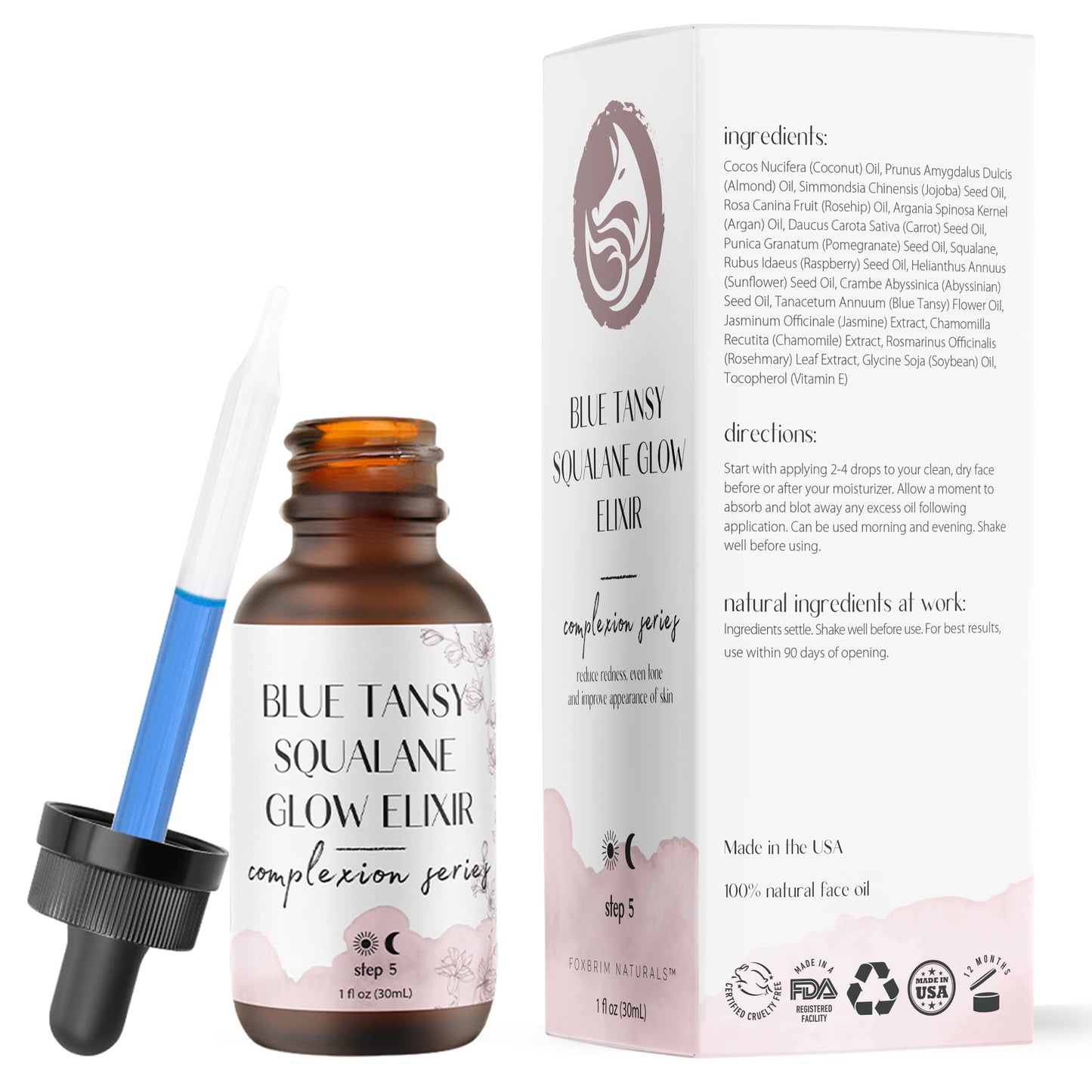 Foxbrim Naturals Blue Tansy & Squalane Facial Oil Blend - Soothing & Moisturizing Daily Facial Oil for All Skin Types - 1oz