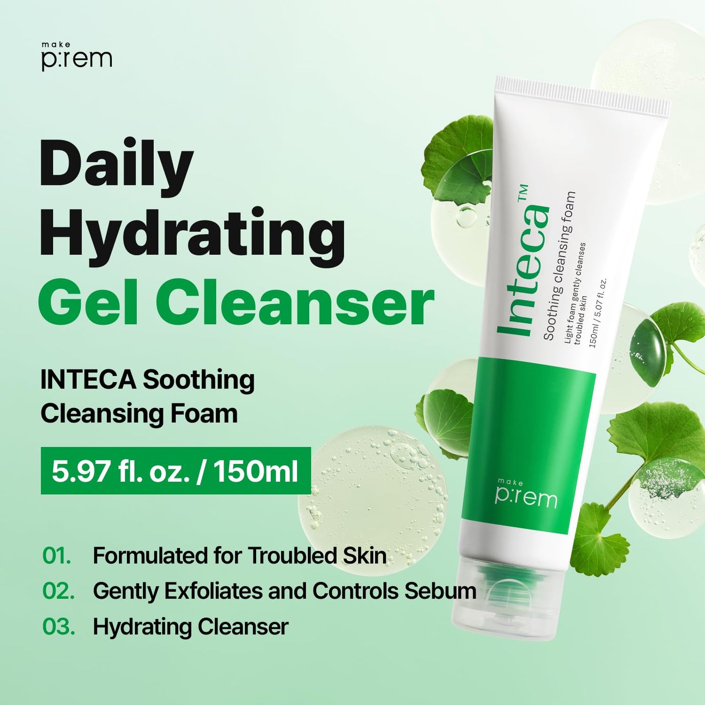 MAKE P:REM Inteca Soothing Foam Cleanser, Mild Moisture Gel Type Foam Cleanser for Acne-Prone Skin, Removes Sebum and Impurities, Korean Skincare, 5.07 Fl Oz, 150ml