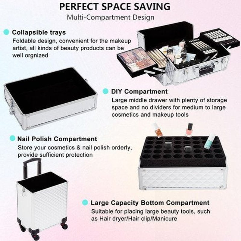AROUS Rolling Makeup Train Case Large Storage Cosmetic Trolley 4 in 1 Large Capacity Trolley Makeup Travel Case with Key Swivel Wheels Salon Barber Case Traveling Cart Trunk, Silver