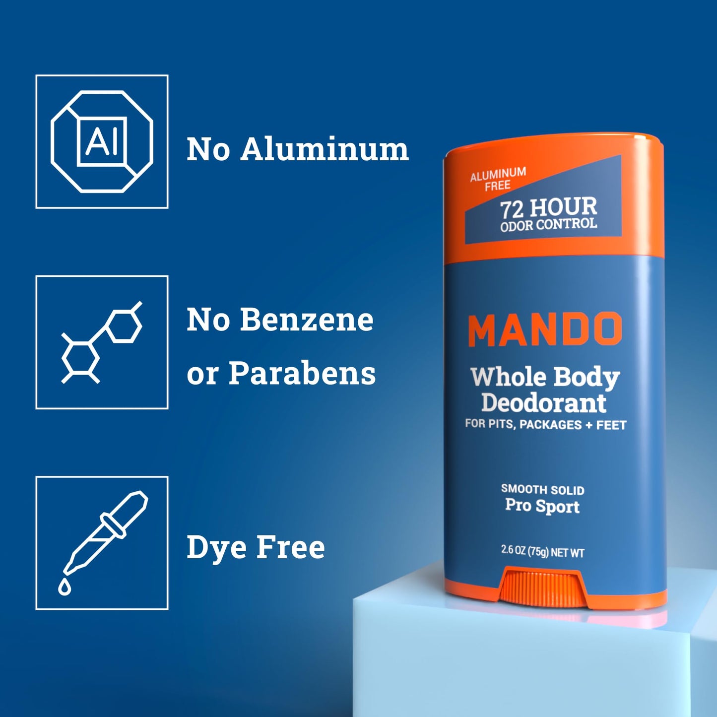 Mando Whole Body Deodorant 3 Piece System - 2.6 oz Smooth Solid Stick, 5.0 oz 4in1 Acidified Cleansing Bar, & 15 ct Deodorant Wipes - Aluminum & Baking Soda Free Odor Control - 3 pc Bundle (Pro Sport)