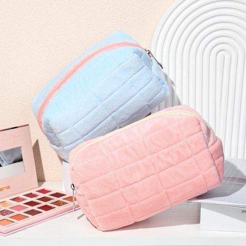 SOIDRAM 2 Pieces Makeup Bag Cute Cosmetic Bag Plush Pink Blue Checkered Makeup Pouch Coquette Travel Toiletry Bag Organizer Fluffy Makeup Brushes Puffy Storage Bag for Women