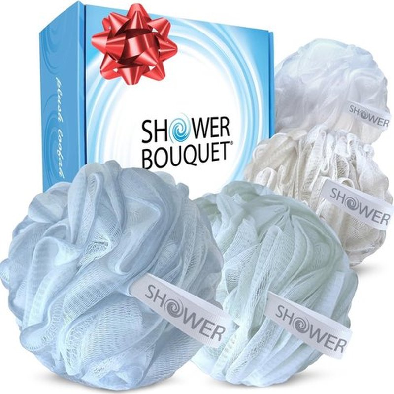 SHOWER BOUQUET Loofah-Bath-Sponge XL-75g-Soft-Set 4-Pack-Pastel-Colors - Extra-Large Mesh Pouf Scrubber for Men and Women - Exfoliate with Big Lathering Cleanse
