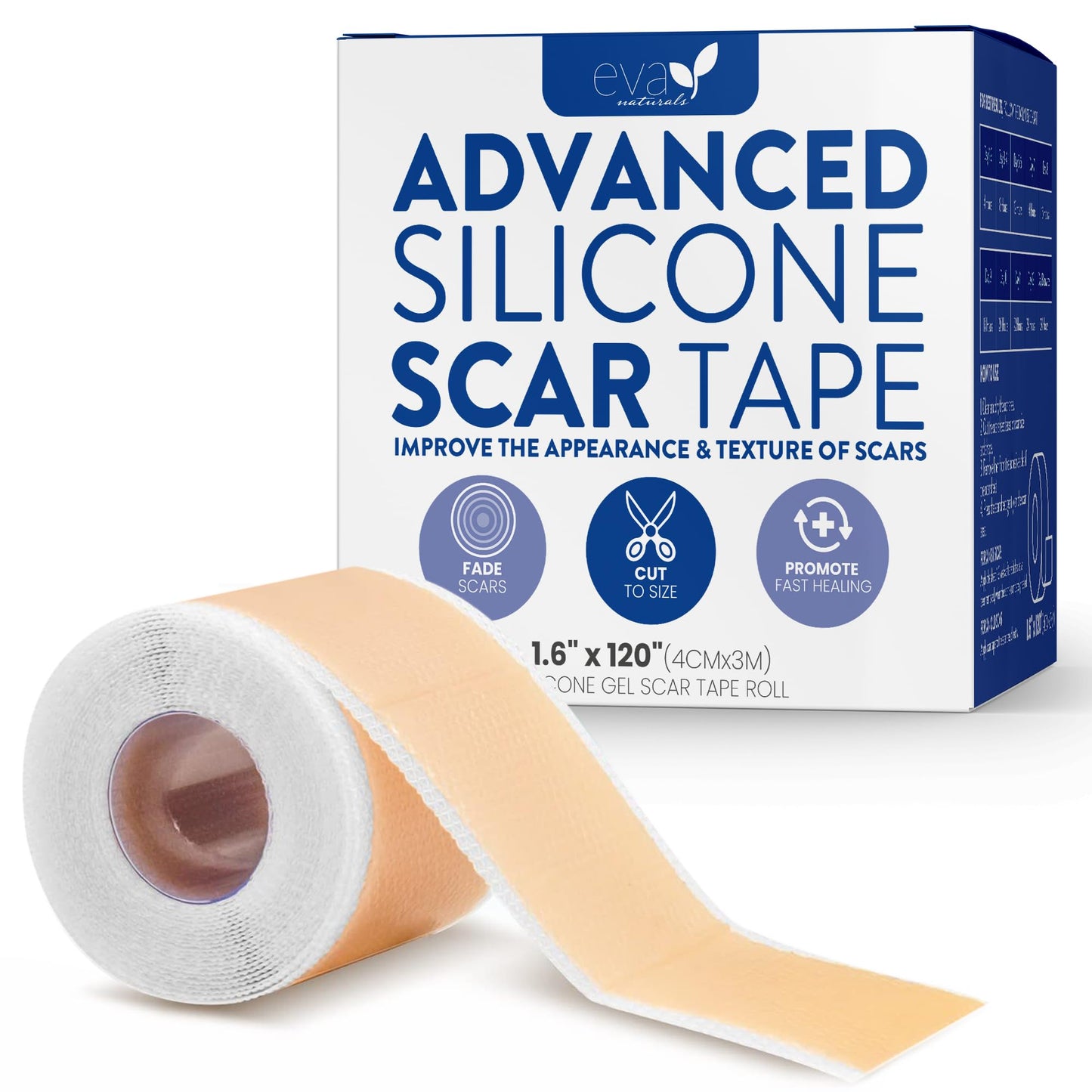 Soft, Medical Grade Silicone Tape for Scars (1.6” x 120”) - Reduce The Appearance of Surgical, C Section, Hypertrophy, Keloid Scars, & Acne Scars - Silicone Scar Tape for Surgical Scars, (3 Pack)