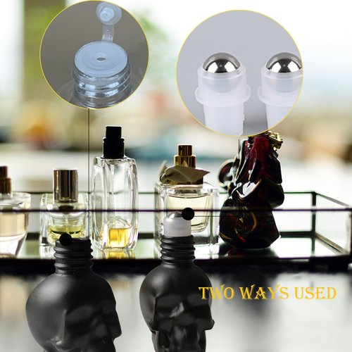 MINELEVEN 7 pcs Set 10ml Mini Skull Glass Oil Roller Bottles Leakproof Essential Oils Bottle for Storage and Travel (black)