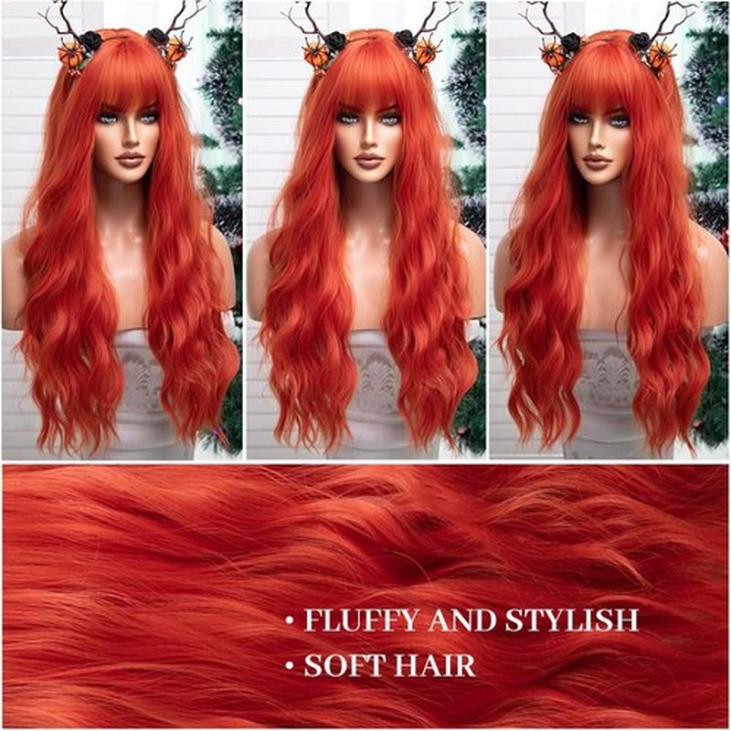 FORCUTEU Orange Wig with Bangs Long Orange Wigs for Women Orange Red Wavy Wigs Orange Heat Resistant Wigs for Daily Party Halloween Cosplay (Orange 26inch)