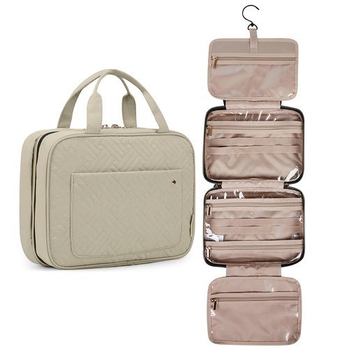 BAGSMART Toiletry Bag Travel Bag with Hanging Hook, Water-resistant Makeup Cosmetic Bag Travel Organizer for Accessories, Shampoo, Full-size Container, Toiletries (Camel, Large)