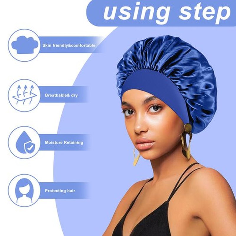 4PCS Silk Bonnet for Sleeping - Hair Satin Bonnets for Black Women Men,Hair Wrap Cap for Curly Hair,Elastic Wide Band Hair Bonnet Shower Cap for Sleeping (Black & Sapphire Blue & Green & Purple)
