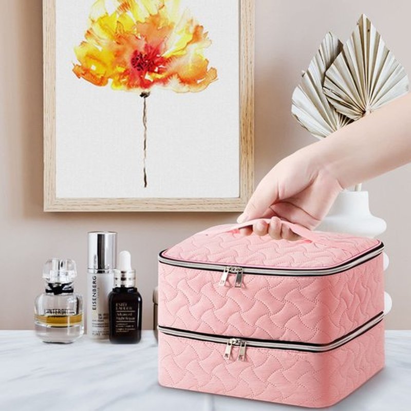 Nail Polish Organizer Case Holds 42 Bottles (15ml/0.5 fl.oz), Double-Layer Nail polish storage with Adjustable Dividers, Portable Nail Polish Bag for Nail Gel Nail Lamp and Manicure Tools, Pink