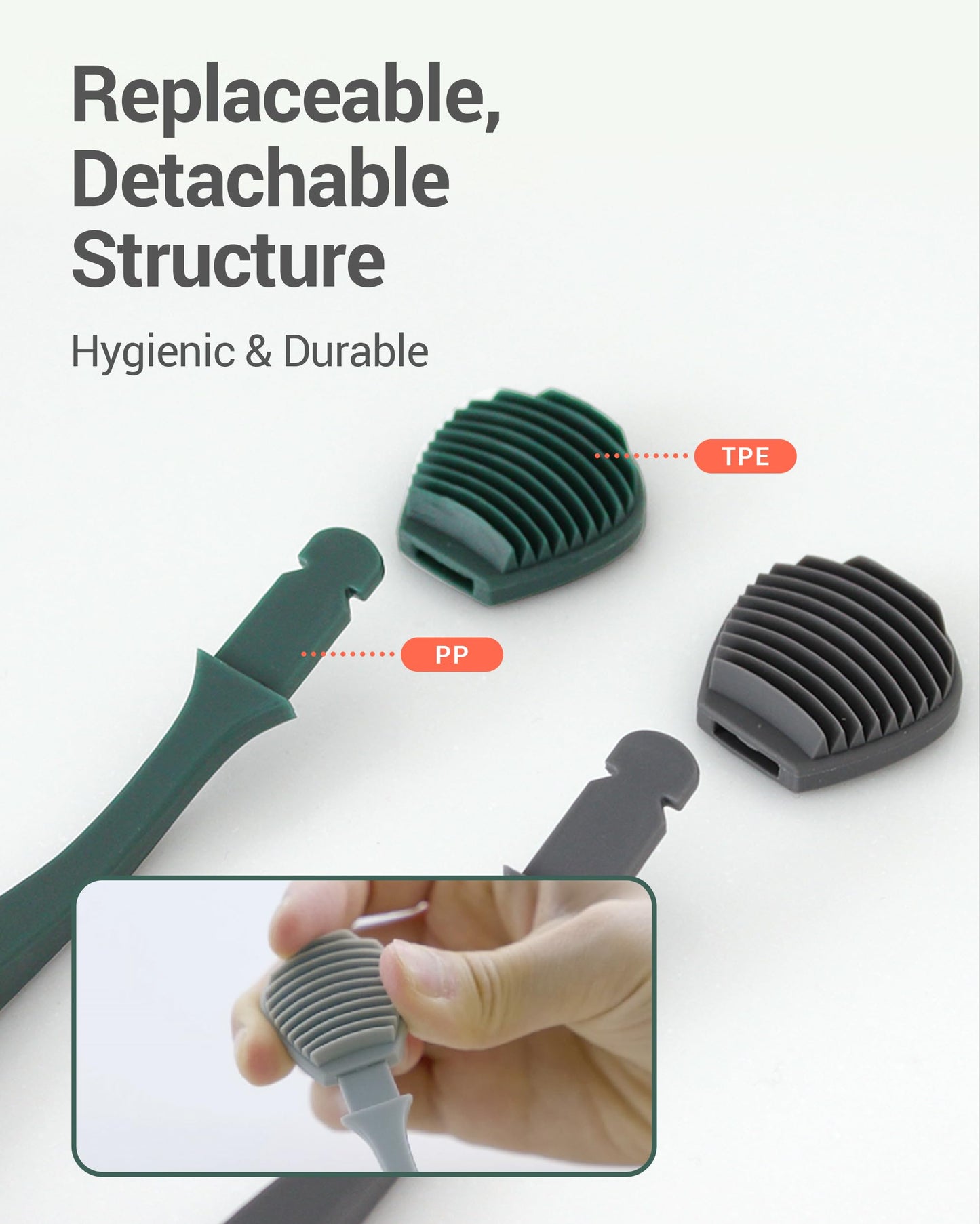 DEARCUS Tongue Scraper with 3 Replaceable Heads for Up to 9 Months - Soft BPA-Free TPE Tongue Cleaner, Designed to Reduce Gag Reflex, Helps Freshen Breath & Remove White Coating (Gray)