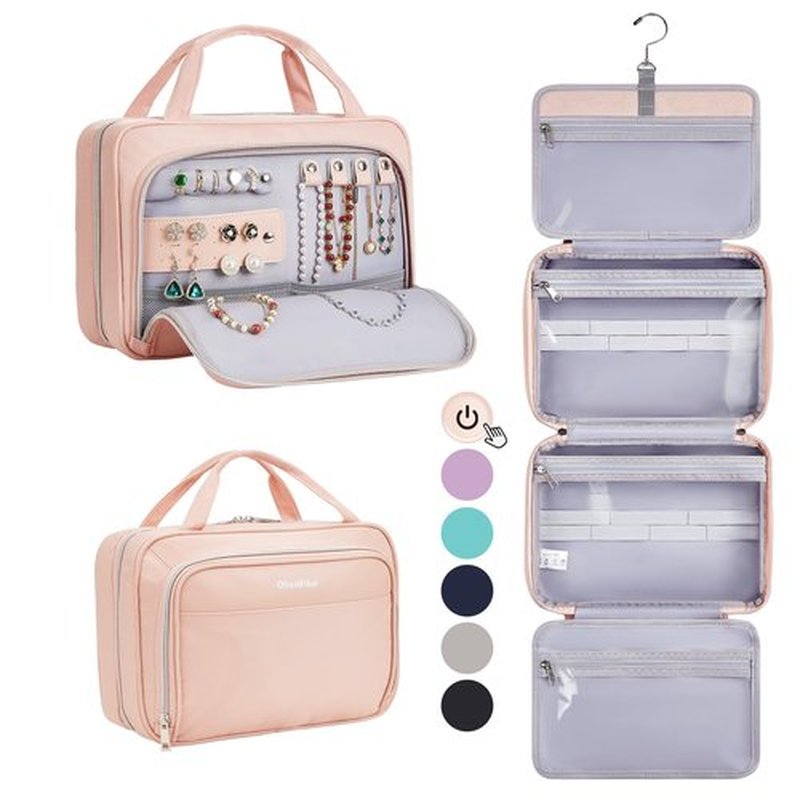 OlarHike Toiletry Bag,Large Size Waterproof Hanging Bags, Makeup Jewelry 3 in 1 Essentials Travel Packing Organizers, Fulled-Sized Family Pack, Shampoo, Conditioner, Brushes Set (Pink)