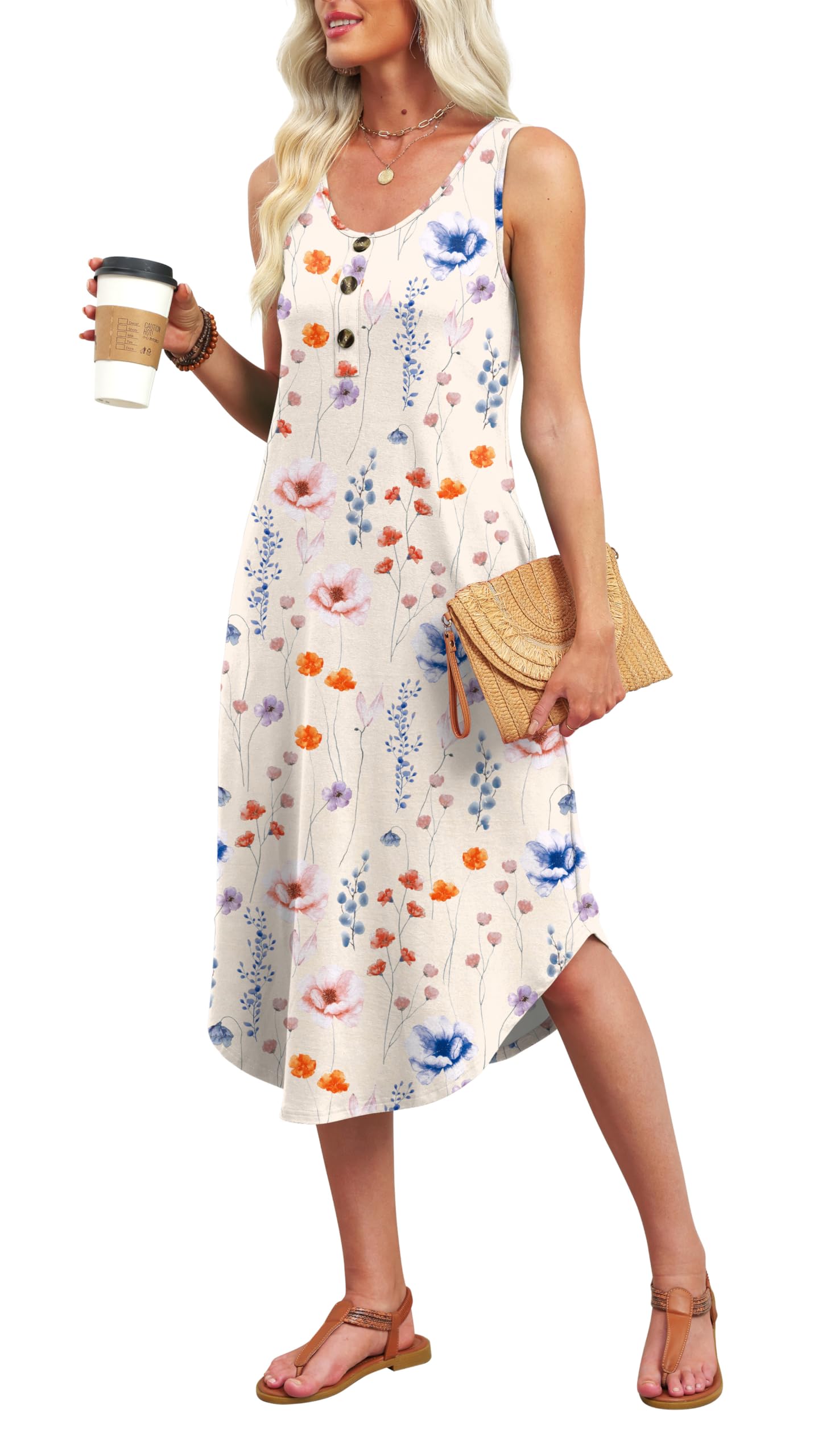 WIHOLL Summer Dresses for Women 2026 Button Front Sleeveless Casual Midi Dress Beach Vacation Sundresses with Pockets