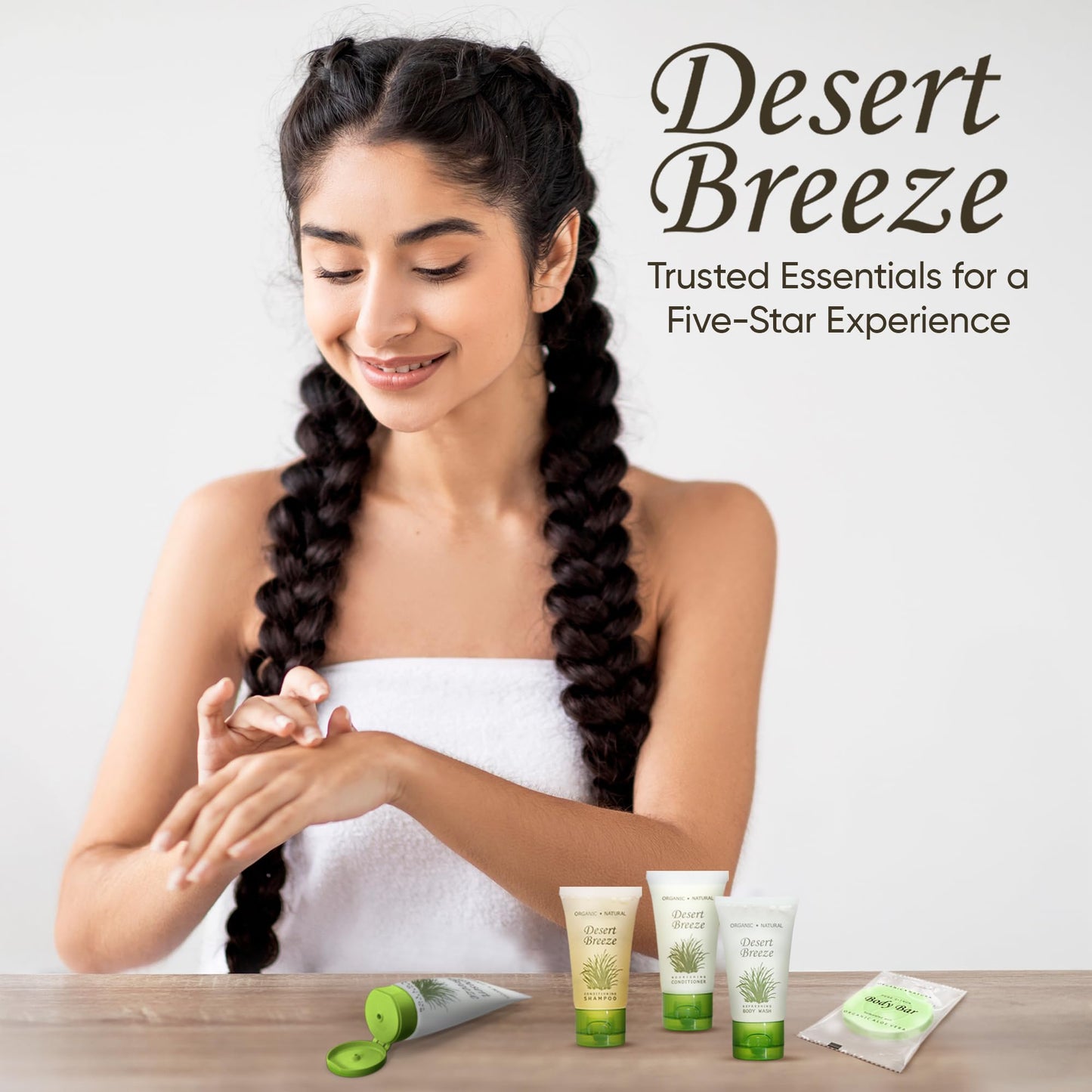 Travel Size Hotel Toiletry Set 300 Count 1 oz Bottles Guest Amenities for Vacation Rentals and Short Term Rentals Paraben Free Green Tea Lemongrass Scent Infused with Aloe and Olive Oil |Desert Breeze