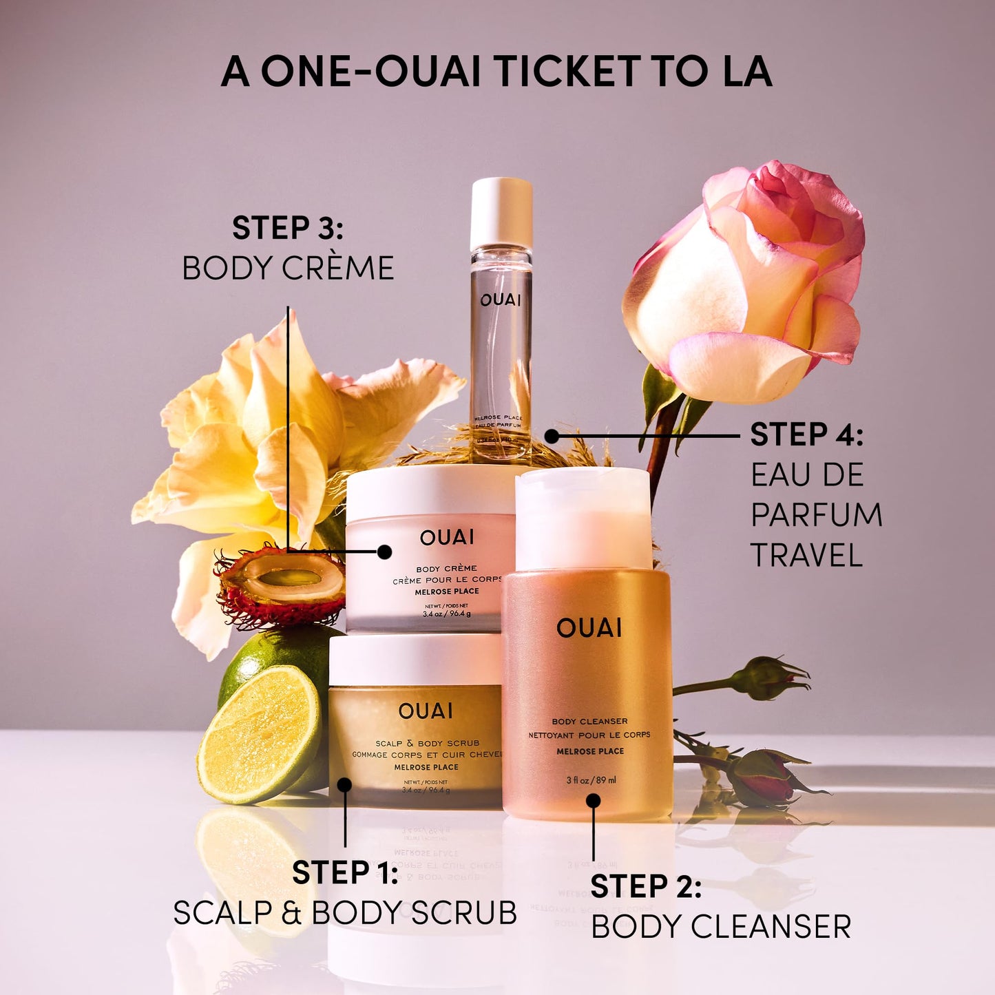 OUAI Body Cleanser Travel Size, Melrose Place - Foaming Body Wash with Jojoba Oil & Rosehip Oil to Hydrate, Balance & Soften Skin - Paraben, Phthalate, Sulfate Free Skin Care Products (3 Fl Oz)