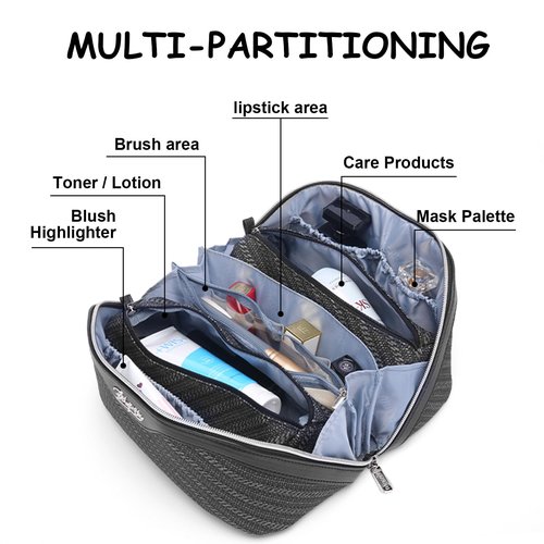 Travel Makeup Bags Cosmetic Organizer Bag: Large Capacity Make up Bag Set of 3 - Vegan Leather Toiletry Bag for Women - Portable Makeup Organizer with Compartments & Handle & Divider (3 Black)