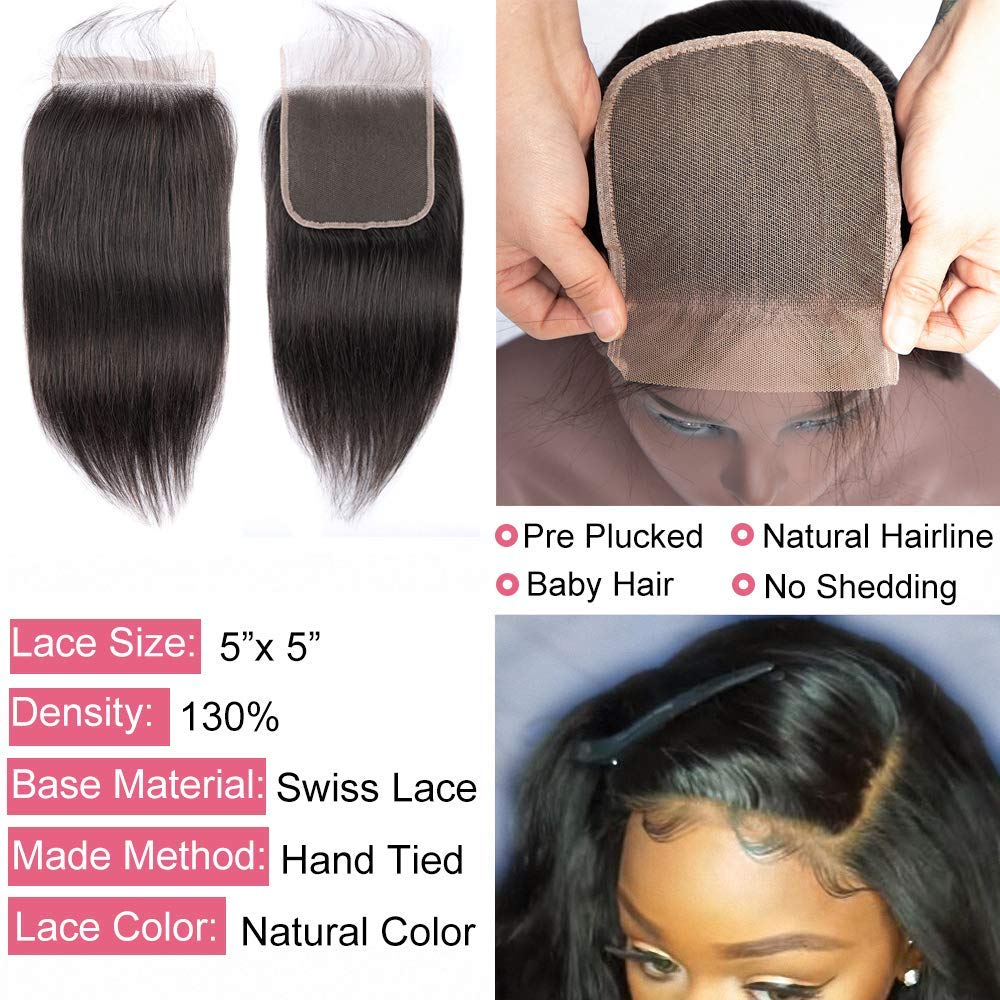 5x5 Transparent Lace Closure Hair Closure Invisible Lace Closure 10A Brazilian Virgin Remy Human Hair Frontal Closure Human Hair Extensions Pre Plucked (5x5 lace closure straight, 14 inch)