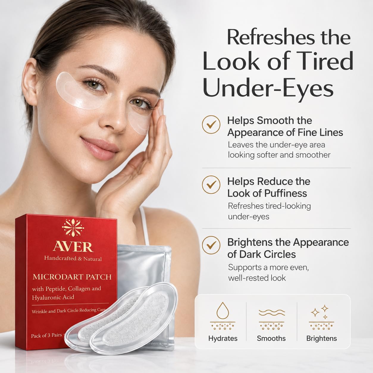 AVER Under Eye Patches for Anti-Wrinkle Treatment for Dark Circles, Lifting, Firming & Anti-Aging | Peptide, Collagen, Hyaluronic Acid, Panthenol & Niacinamide | Hydrates, Brightens & Firms | 3 Pairs
