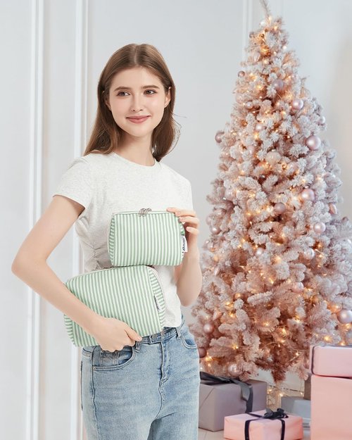 Narwey Cute Makeup Bag Travel Cosmetic Bag Organizer Toiletry Bag Make Up Bags with Compartments for Women (Large, Mint Green Stripe)