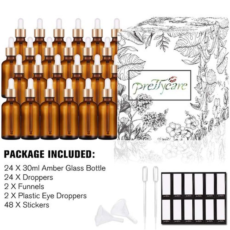 PrettyCare 1oz Glass Dropper Bottle 24 Pack Amber Glass Bottles Empty with 2 Funnels & 2 Long Pipettes, 30ml Eye Dropper Bottles for Essential Oils, Cuticle Oils, Body Oils, Tincture Bottles