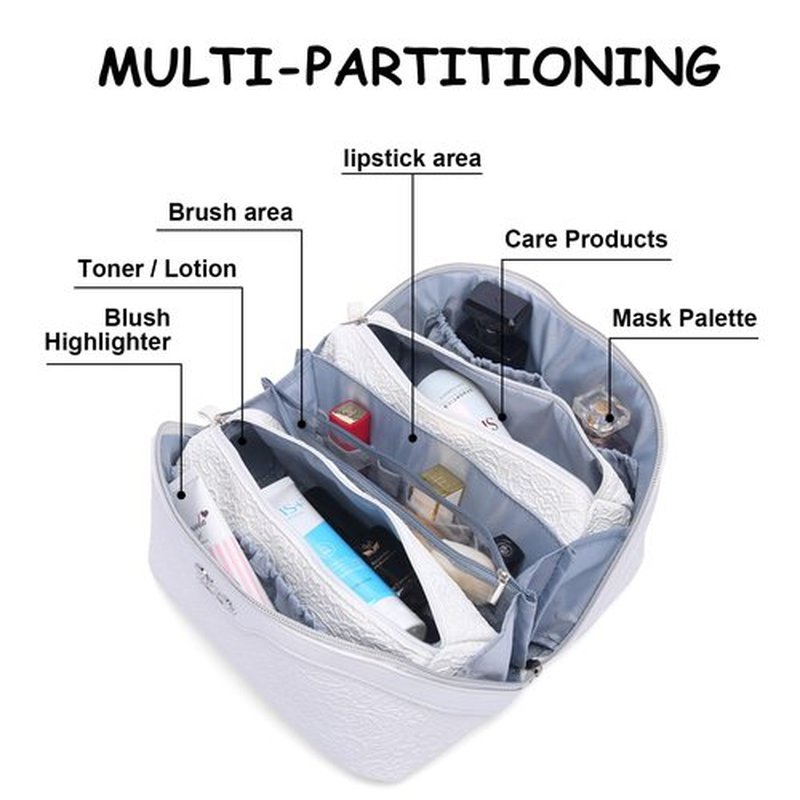 Travel Makeup Bags Cosmetic Organizer Bag: 3-Set Large Capacity Make up Bag - PU Leather Toiletry Bag for Women - Wide Open Portable Pouch with Divider & Handle (03-Z-Silver)