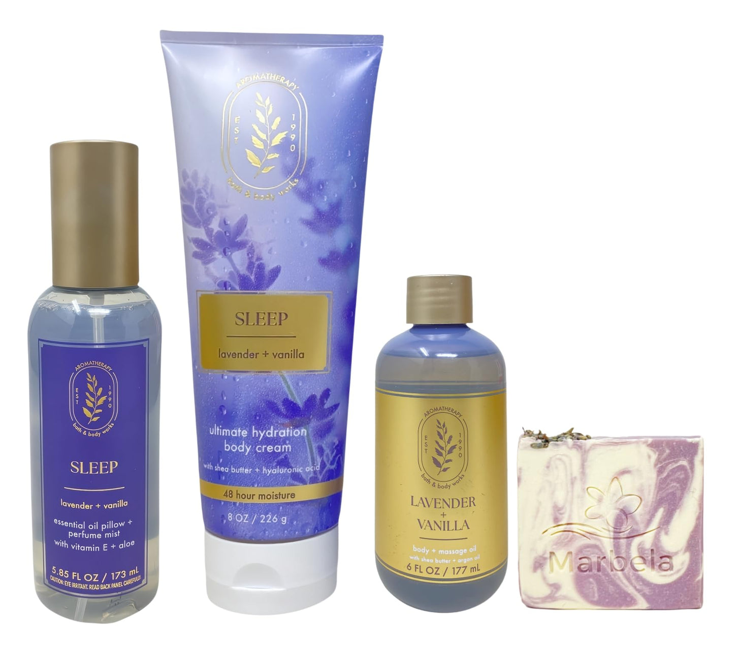 Bath & Body Works Aromatherapy Sleep Lavender + Vanilla Essential Oil Pillow + Perfume Mist, Ultimate Hydration Body Cream and Body + Massage Oil with a Lavender Dream Bar Soap