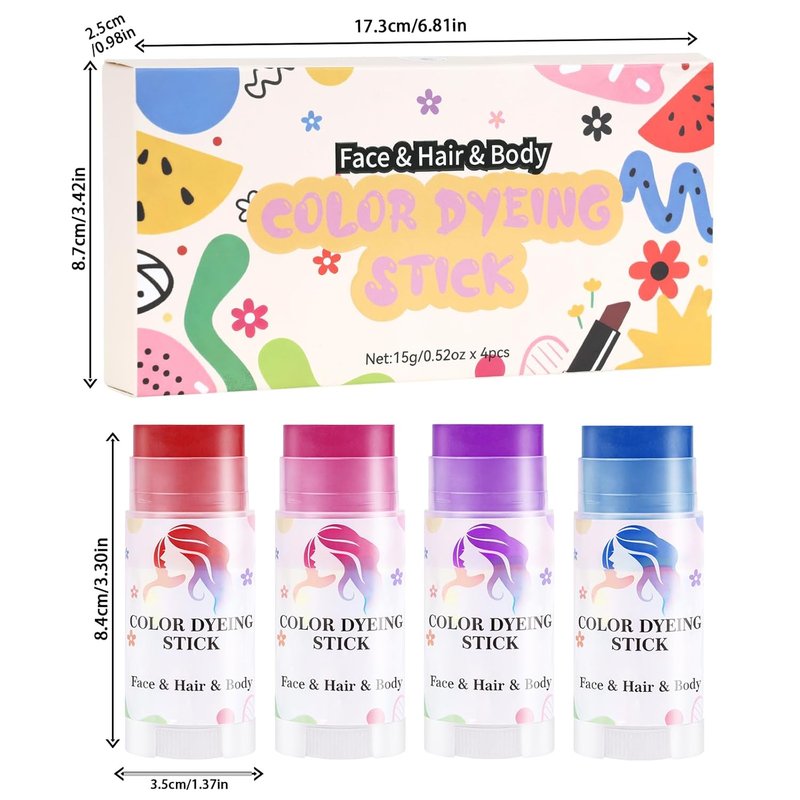 Temporary Hair Color Stick Set - Waterproof & Sweatproof Hair Chalk | Non-Sticky Washable Face & Body Paint (Red, Blue, Green, Purple)