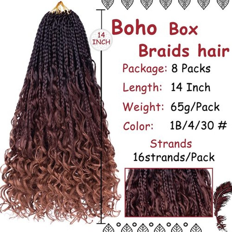 Beverlee 14 Inch Boho Box Braids 8 Packs Goddess Box Braids Crochet Hair Bohemian Hippie Braids Braiding Hair Box Braids with Curly Ends Messy Pre-looped Synthetic Crochet Hair for Women 1B/4/30#