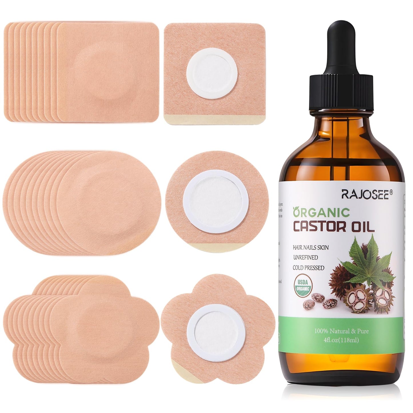 Castor Oil Pack Wrap for Belly Button with 4oz Organic Castor Oil in Glass Bottle, Highly Absorbent Cotton Belly Button Patches Self Adhesive (60pcs belly pack with oil)
