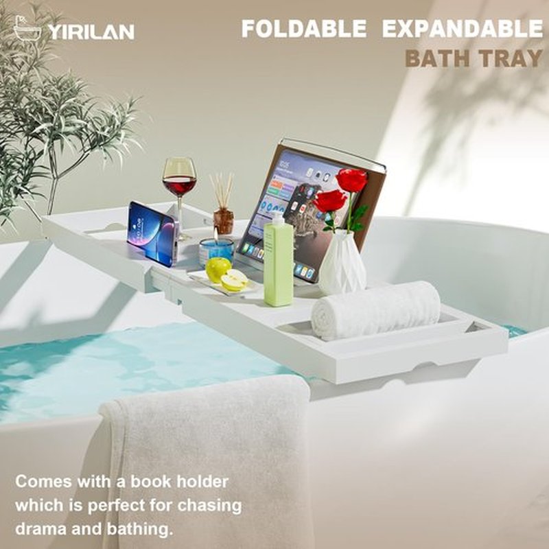 Yirilan Foldable Bathtub Caddy, Expandable Bath Caddy Tray, Unique House Warming Gifts, New Home, Anniversary and Wedding Gifts for Couple, White