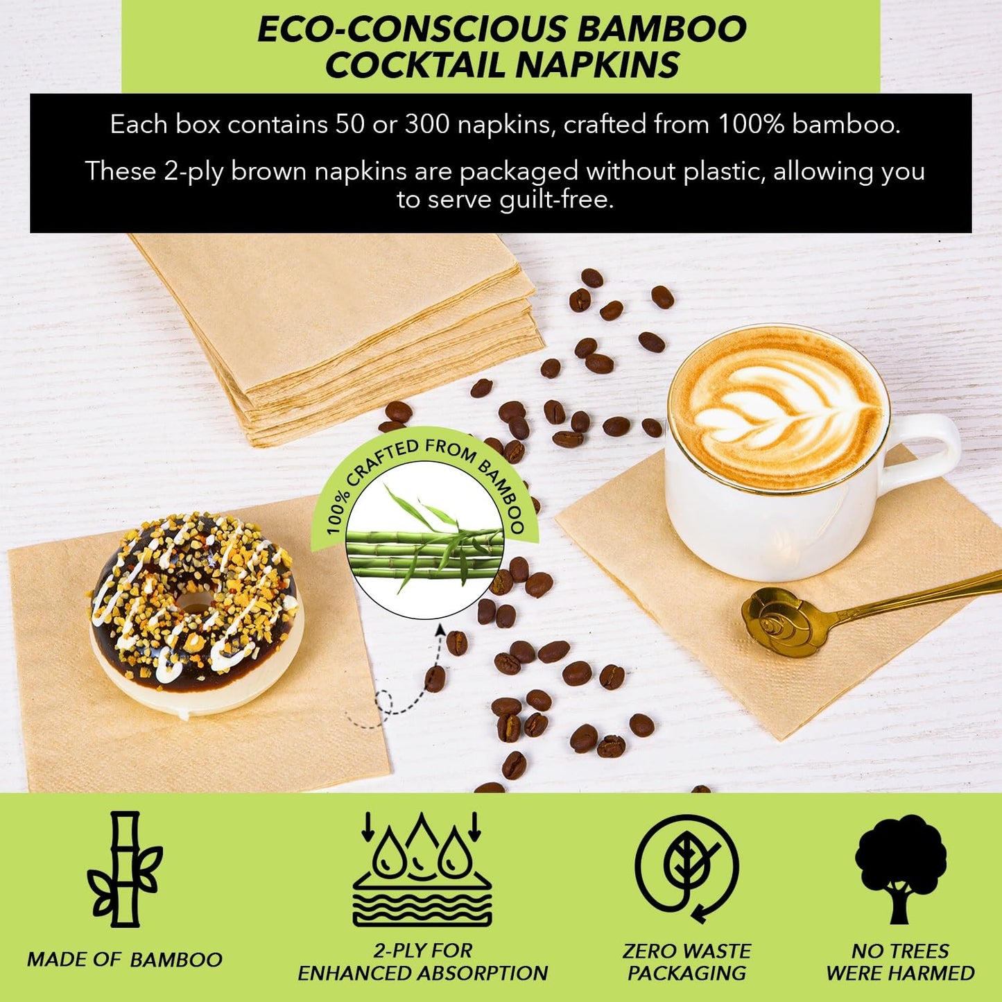 MOTHER EARTH Bamboo Beverage Napkins - 2 Ply, 50 Pack | Compact, Absorbent Disposable Cocktail Napkins for Drinks (50 Beverage Napkins)