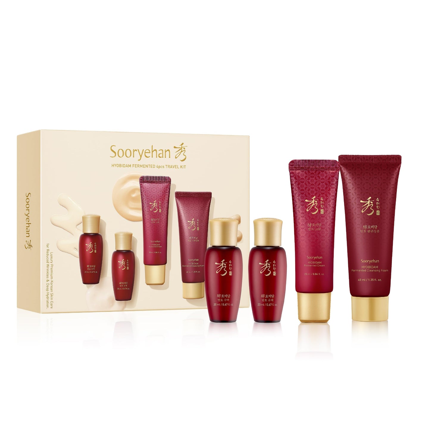Sooryehan Hyobidam Fermented Skincare Trial Kit (Pack of 4) - Korean Skincare Miniature Set: Toner, Emulsion, Cream & Cleansing Foam - Hydration & Elasticity, Travel Size Gift Set