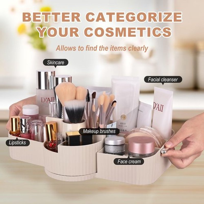 LAIMIJIN Countertop Makeup Organizer, Large Capacity Rotating Cosmetic Display Case for vanity, Spacious Makeup Skincare Storage Organizer with Makeup Brush Holder for Countertop (Cream)
