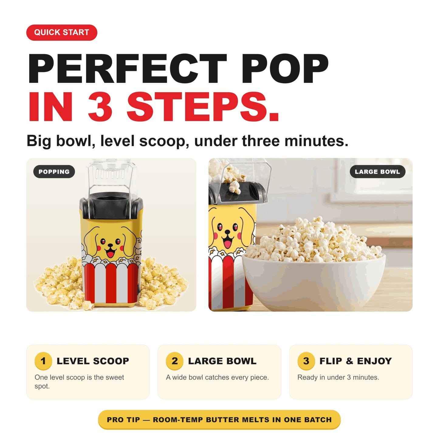 Fun Popcorn Machine Air Popper – Hot Popcorn Maker Air Popper Electric with Butter Melting Tray – Mini Electric Maker - Dog Mom Gifts for Women, Home, Kids Movie Night - Oil Free Snacks