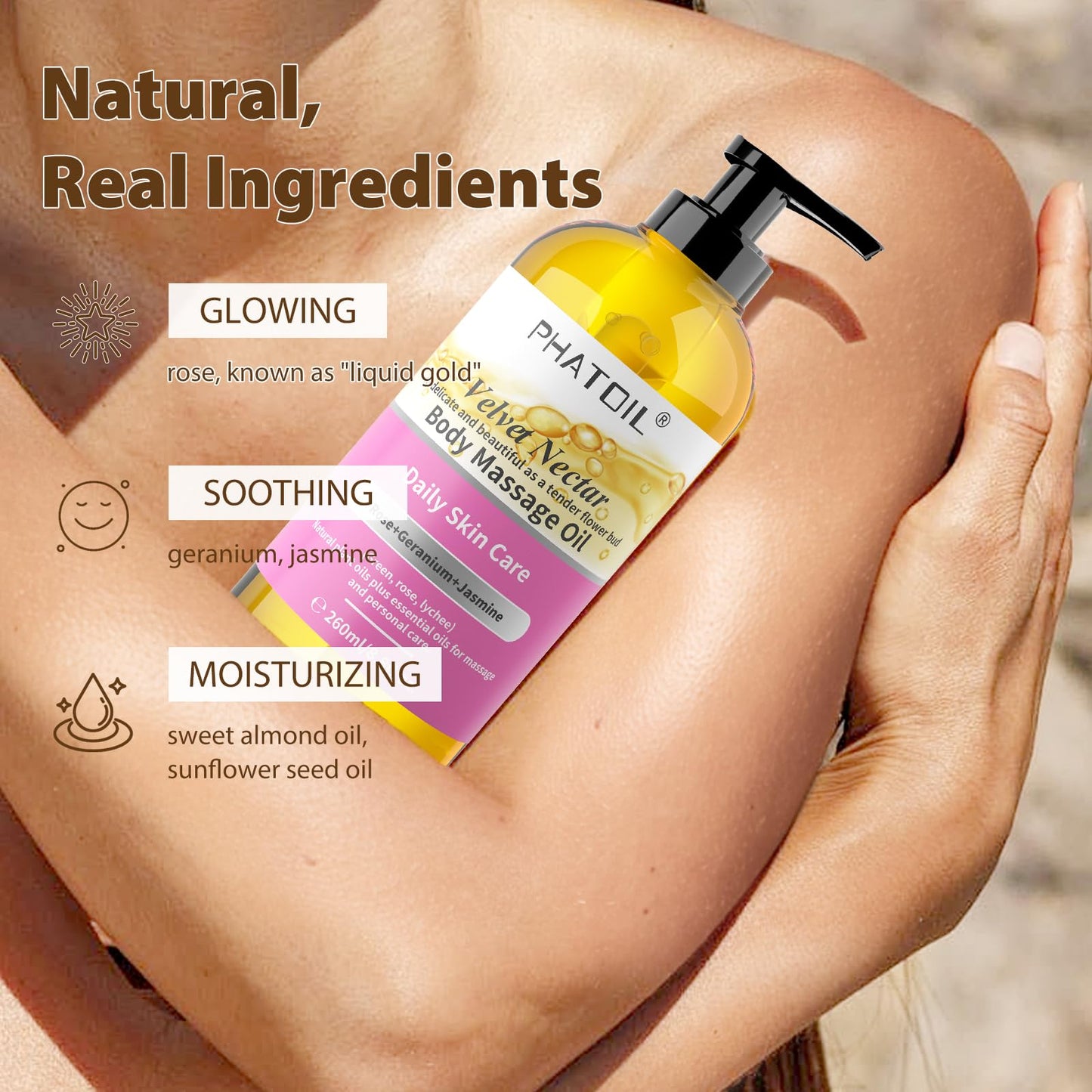 PHATOIL Rose Body Oil, Velvet Nectar Body Massage Oil 260 ml (8.8 fl.oz), Blends of Natural Plant Oils & Essential Oils for Massage and Skin Care, Body Oils for Women and Men