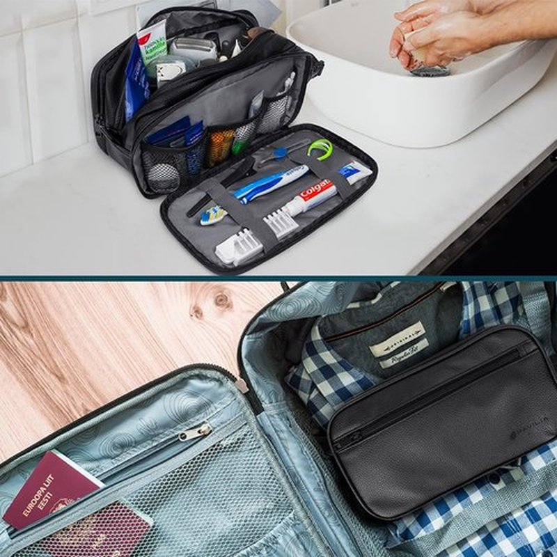 PAVILIA Toiletry Bag for Men, Travel Toiletries Bag | Water-resistant Dopp Kit, PU Leather Shaving Pouch Organizer for Accessories, Cosmetic, Hygiene, Grooming Essentials (Black)