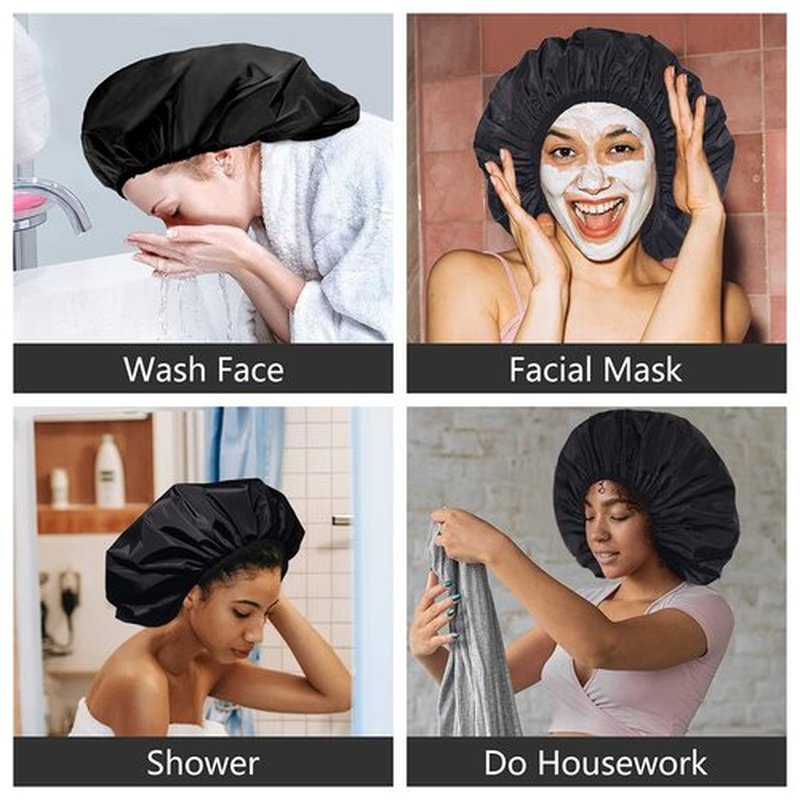 Auban Extra Large Shower Cap, Double-Layer Waterproof Reusable, XL Satin Lining Shower Bonnet for Women Thick, Long Hair, Locs, Braids(Black)