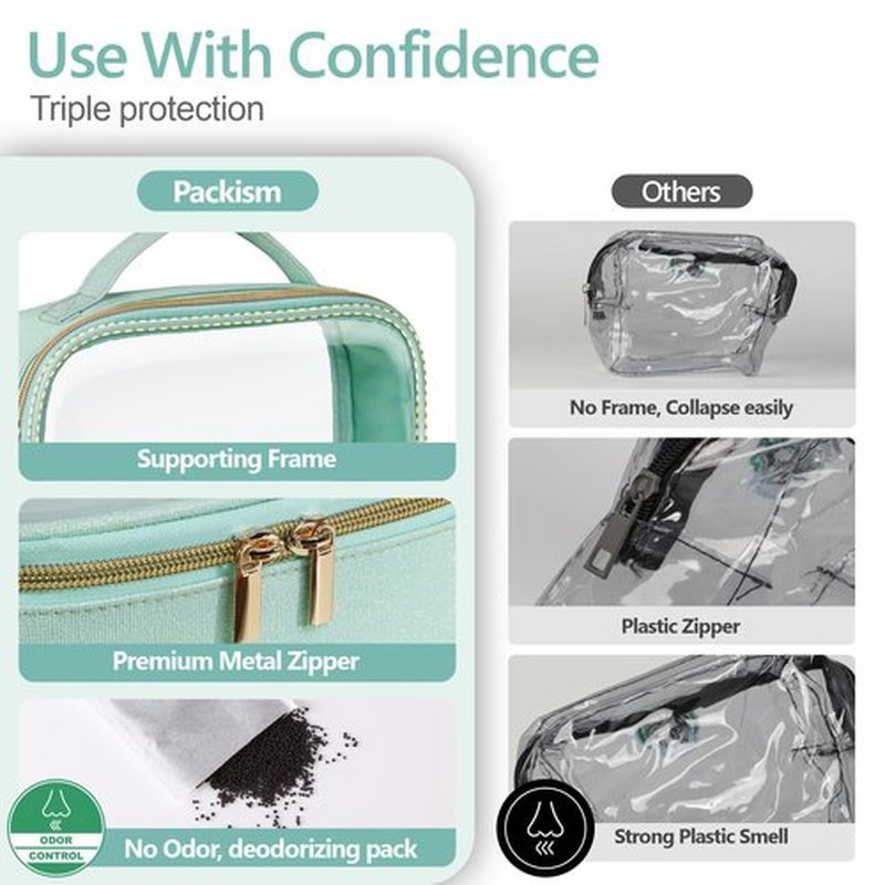 PACKISM TSA Approved Toiletry Bag - Glitter Textured Clear Makeup Bag, Personalized and Fashion, with 180° Large Opening and Supporting Frame, Perfect for Travel Essentials, Thick No Smell, Green