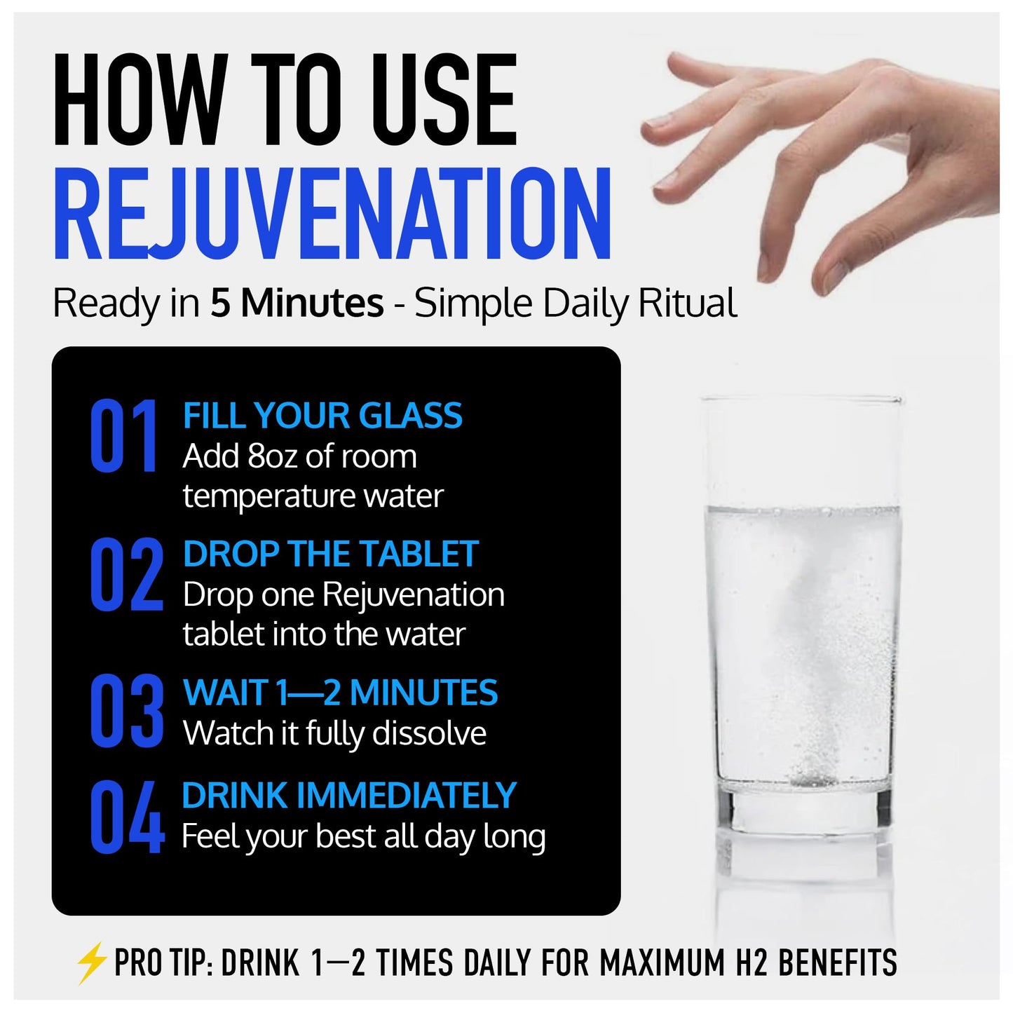 DRINK HRW Rejuvenation Molecular Hydrogen Water Tablets: 12 ppm H2, Patented, USA Made, IHSA-Certified Hydrogen & Magnesium Supplement. Supports Energy, Recovery, Cognitive Function (Unflavored, 60Ct)