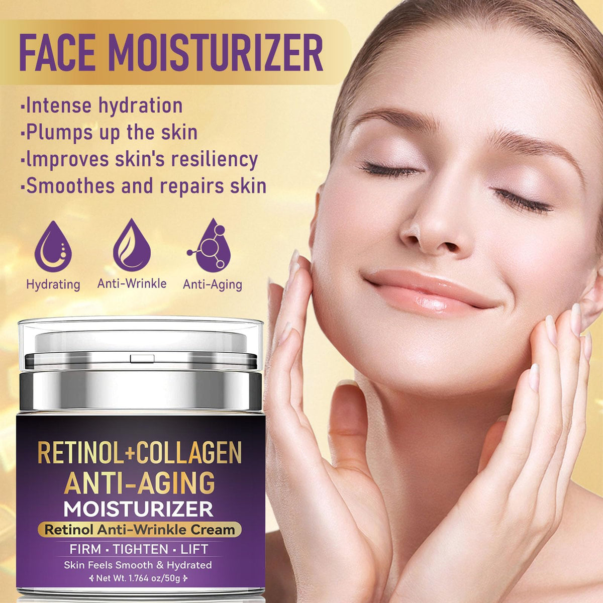 Retinol & Collagen Moisturizer Face Cream, Retinol Cream for Face with Hyaluronic Acid for Anti Aging & Wrinkle Repair Day & Night Moisturizer for Wrinkles Firming & Lifting 1.76 Fl Oz