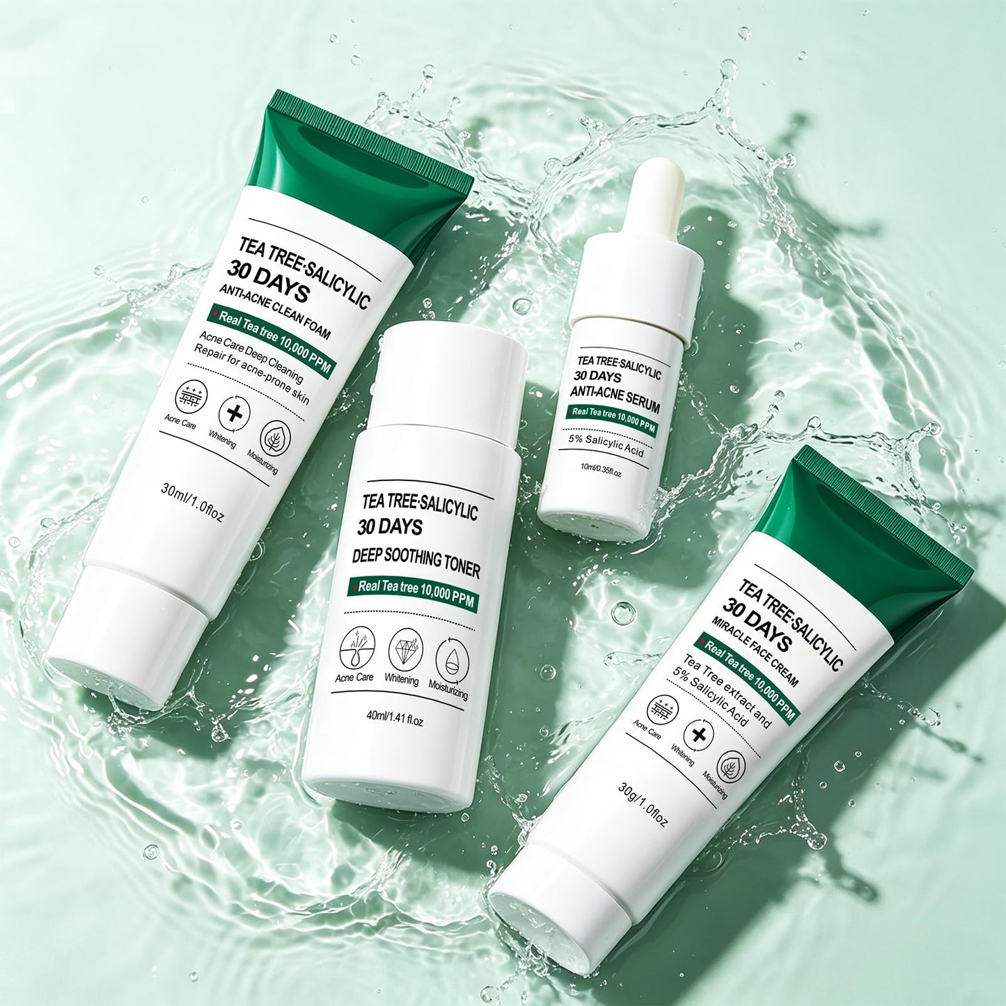 YAFUSIPE Tea Tree Salicylic Acid Facial Skin Care Set & kits, Mini Travel Size Set for Acne Prone Skin - Cystic Hormonal Acne Treatment with Face Cleanser Toner Serum Cream Moisturizer Gifts for Women