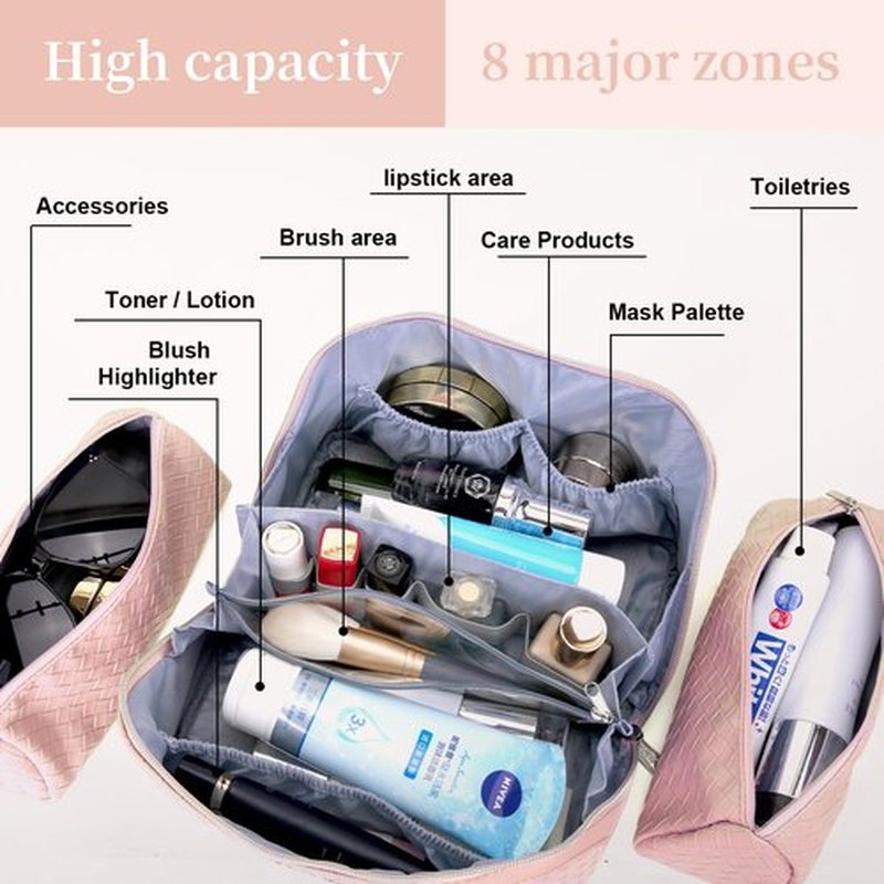 Travel Makeup Bags Cosmetic Organizer Bag: Large Capacity Make up Bag Set of 3 - Vegan Leather Toiletry Bag for Women - Portable Makeup Organizer with Compartments & Handle & Divider (01 Light Pink)