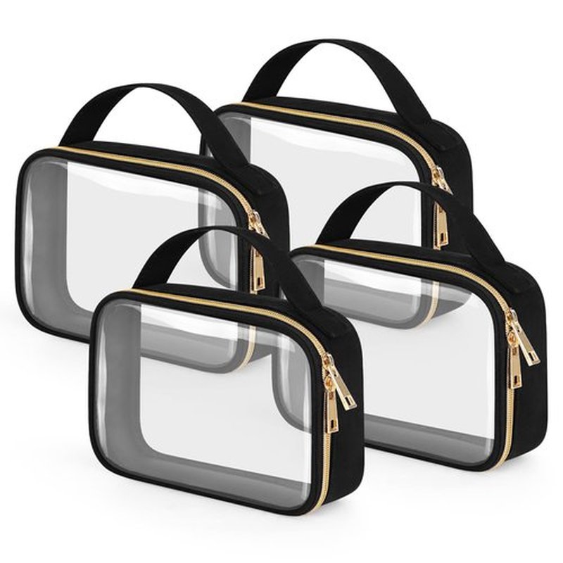 Wedama TSA Approved Toiletry Bag, 4 Pack Clear Makeup Bags with Handles, Quart Size Clear Toiletry Bags, PVC Clear Cosmetic Bags for Women and Men, Carry on Airport Airline Compliant Bag, Black