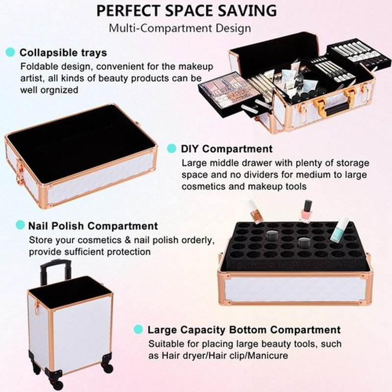 AROUS Rolling Makeup Train Case Large Storage Cosmetic Trolley 4 in 1 Large Capacity Trolley Makeup Travel Case with Key Swivel Wheels Salon Barber Case Traveling Cart Trunk, White