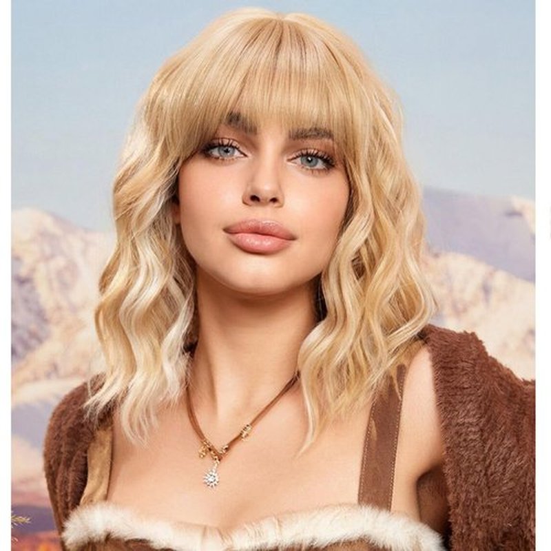 BERON 14 Inches Mix Blonde Wigs Wig with Bangs Short Wavy Bob Wig Blonde Wig for Women Girls