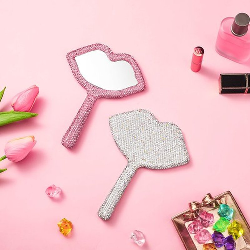 Tatuo 2 Pcs Rhinestone Mirror Handheld Bling Heart Lip Shaped Mirror Glitter Cosmetic Hand Mirror with Handle Portable Cute Travel Makeup Lash Mirror for Women Girls(Pink and White, Lip)