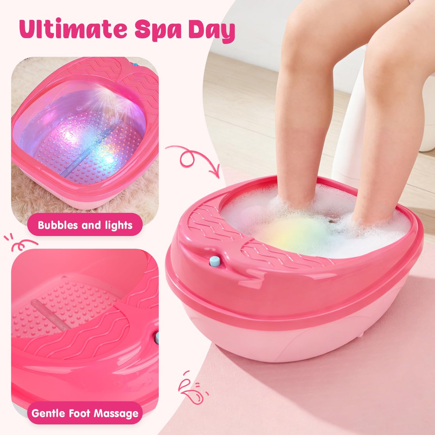 AuntyFey Kids Spa Day Kit for Gilrs, Kids Foot Spa Kit 6-8-12 with Rainbow Light Massage Foot Soak Tub, Girls Pedicure Spa Kit For Kids With Kids Spa Set For Girls Party Birthday Gift