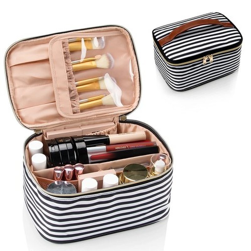 OCHEAL Striped Makeup Bag,Travel Makeup Organizer Bag, Large Capacity Cosmetic Bags For Women Large Travel Toiletry Bag Girls Traveling With Brush Slot And Divider