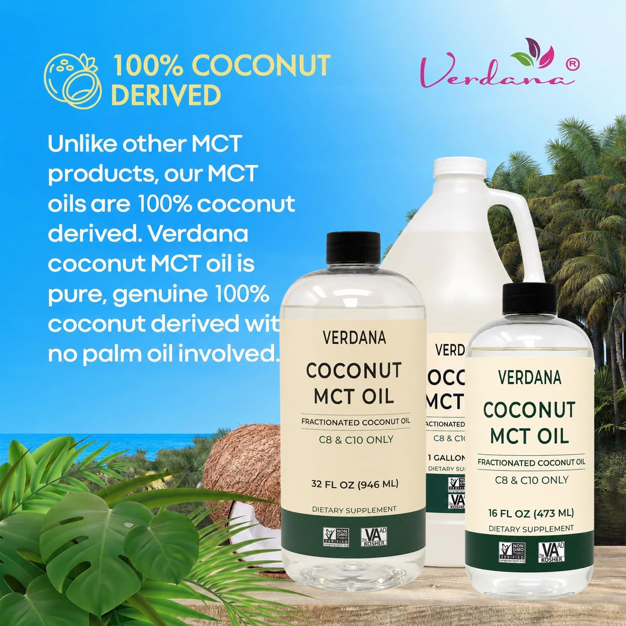 Verdana Food Grade MCT Oil 32 oz – For Keto Coffee, Unflavored Natural Oil Pulling Mouthwash & Massage - 100% Coconut Derived Fractionated Oil – Medium Chain Triglycerides C8 C10 –Non-GMO, Kosher