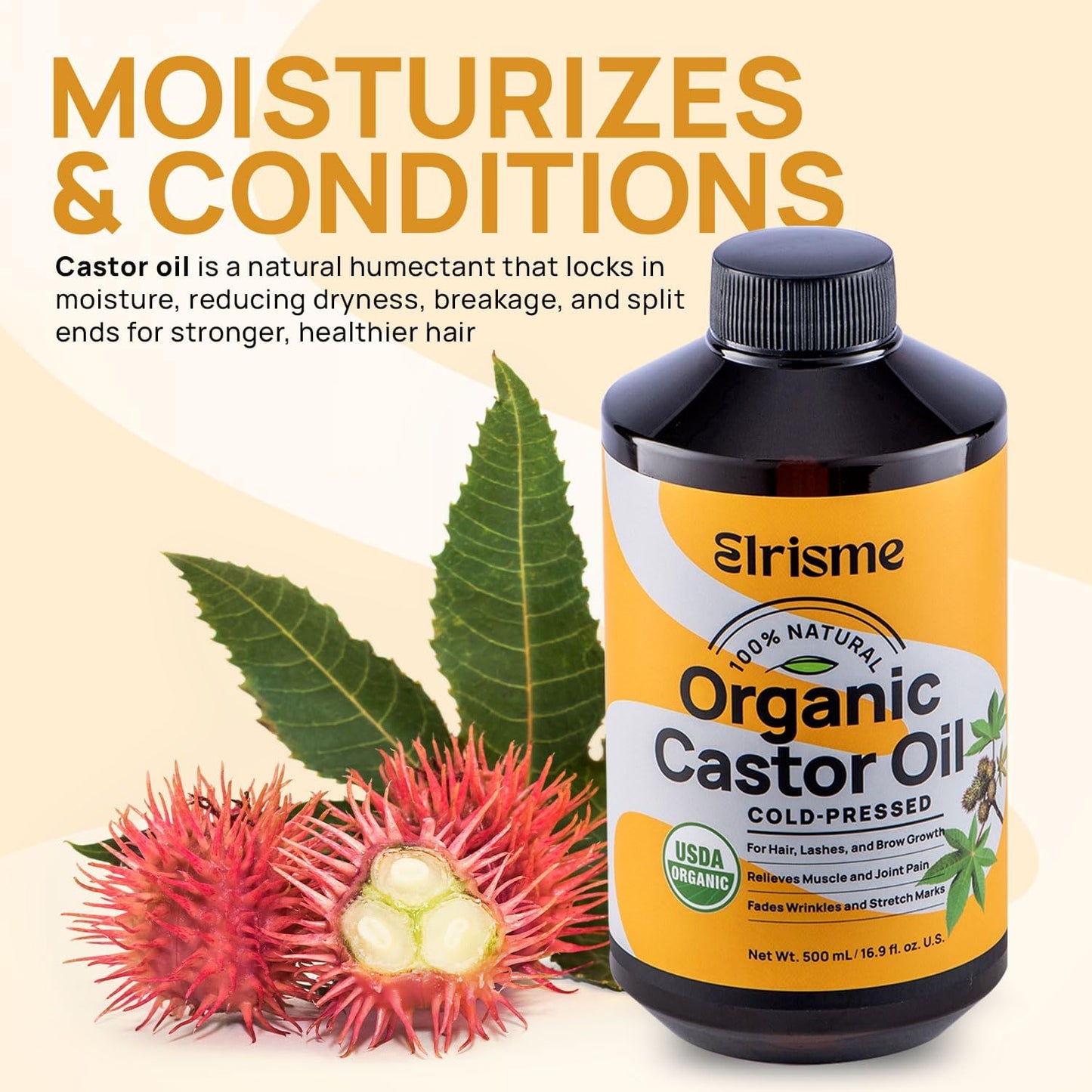 Cold Pressed Organic Castor Oil, Organic Black Castor Oil Hair Growth Serum for Eyelashes and Eyebrows, USDA 100% Pure Organic Castor Oil Non-Glass Bottle, Hexane-Free - 16 Oz
